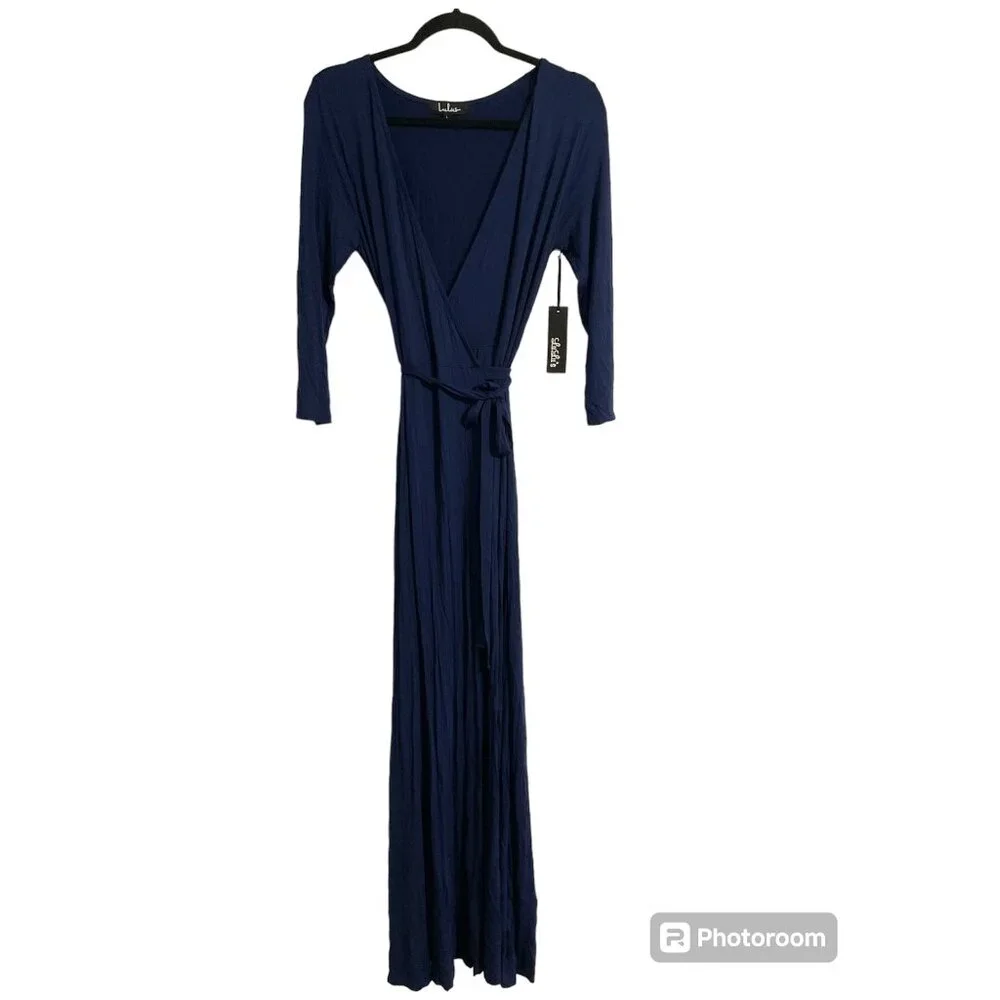 Lulus Wrapped Up In Style Navy Wrap Maxi Dress Long Sleeve Slit Size Large - Picture 2 of 15